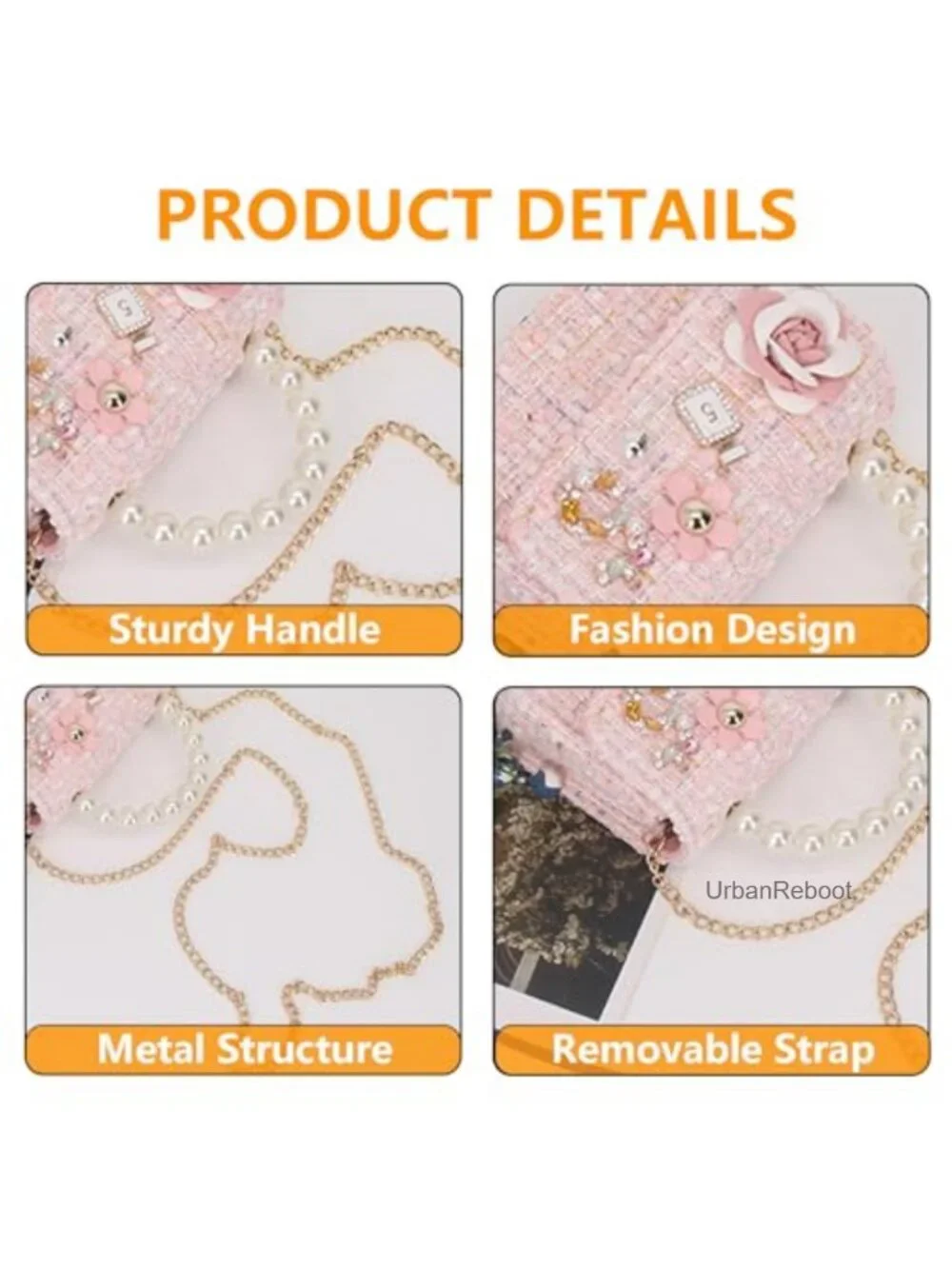 Girls Floral Crossbody Bag Faux Leather Mini Chain Pearl Handle Purse